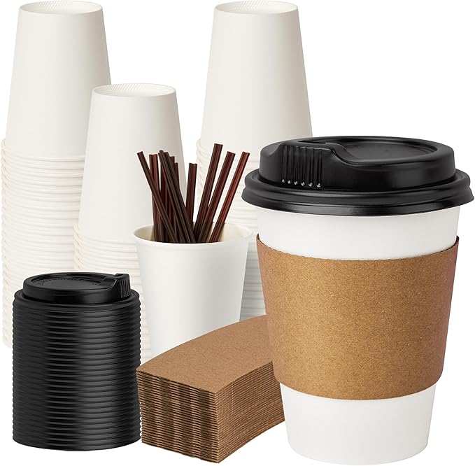 12 oz 50 Pack Disposable Paper Coffee Cups with Lids, Sleeves and Straws, Disposable Hot Cups for Coffee, Tea, Cocoa, Water