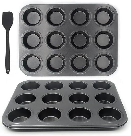 Non-Stick Muffin Pans, 12-Cup Standard Baking Pans Set of 2 with a Scraper for Perfect Muffins & Cupcakes