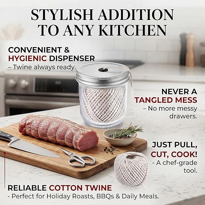 Dreyoo Kitchen Twine with Glass Mason Jar Dispenser, 2 Pack 216FT Cooking Twine, 2MM Natural Cotton Butcher Twines for Meat, Turkey, Roast & Kitchen Use, Center Pull Butcher Twines for Cooking (White)