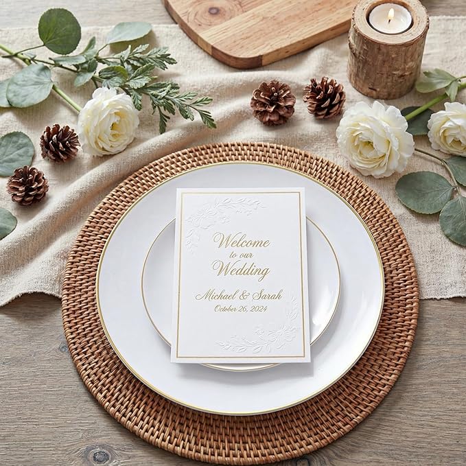 KIRE 100PCS Disposable Plates - White with Gold Rim for Easter/Wedding/Spring Party- Includes 50Pieces 10.25inch Dinner and 50Pieces 7.5inch Dessert/Salad Plates