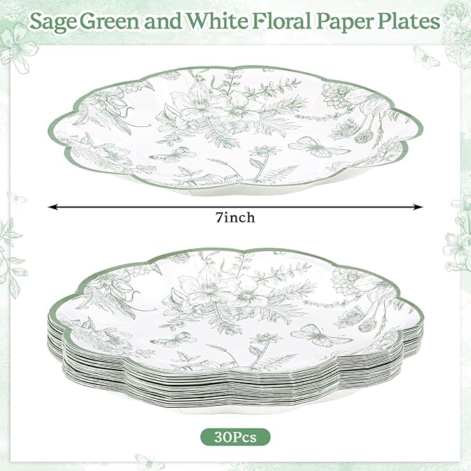 30Pcs Sage Green Floral Paper Plates, 7inch Vintage Dessert Cake Plate Scalloped Sage Green and White Plates Disposable Cute Toile Plate for Birthday Baby Bridal Shower (Pack of 2)