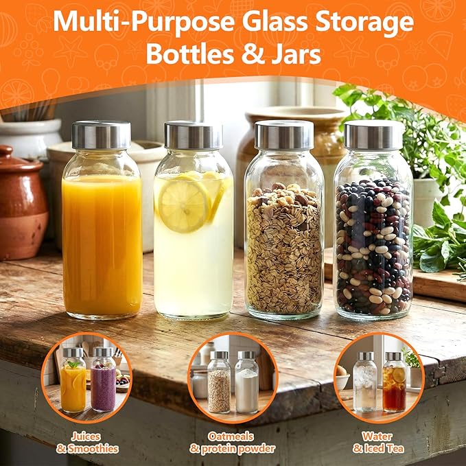 8 oz Glass Water Bottles with Lids, 16 Pack Small Glass Juice Bottles with Stainless Steel Caps & Funnel, Leak-Proof Containers for Juicing, Milk, Ginger Shots, Smoothies, Wellness Drinks
