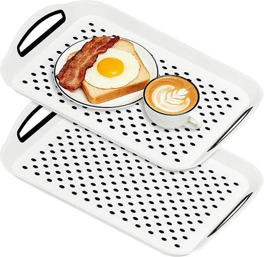 Non Slip Lap Trays with Handles, Set of 2 Food Trays for Eating on Couch, Dishwasher Safe Rectangular Serving Trays for Dinner, Breakfast & Snacks (White)