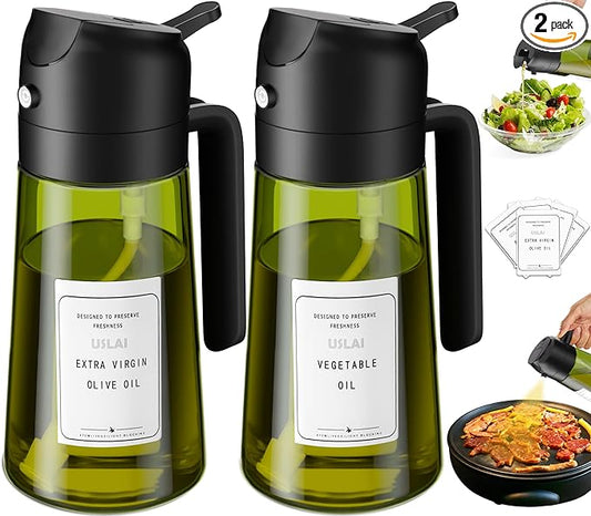 USLAI Oil Sprayer for Cooking, 16oz/470ml 2 in 1 Glass Olive Oil Dispenser Bottle for Kitchen, Air Fryer, BBQ and Salad - Black Black