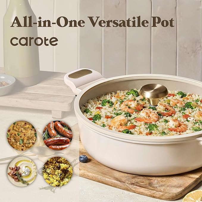 CAROTE 4.5Quart Stock Pot with Lid, Non Toxic Ceramic Soup Pot, Nonstick Cooking Pot, PFAS Free, Dishwasher Safe, Even Heating, Compatible with All Stoves, Light Taupe