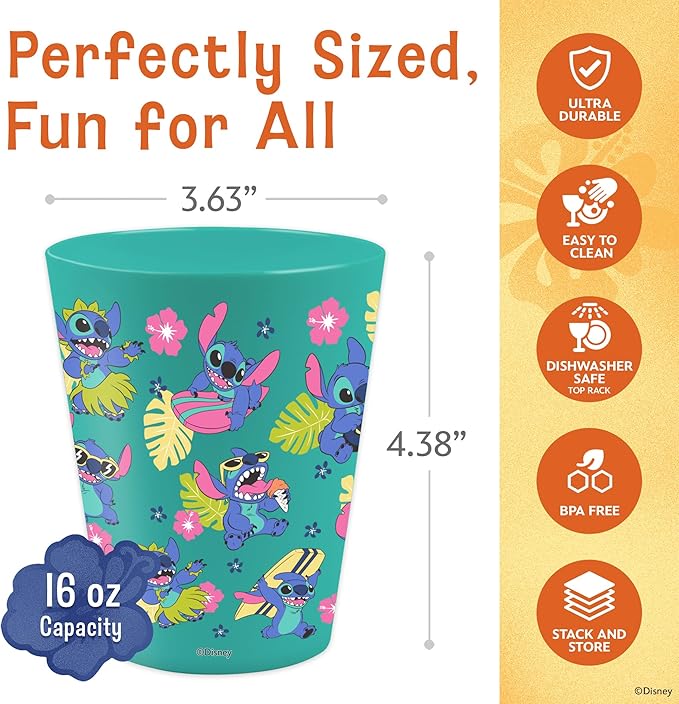 Disney Reusable Plastic Cups – 4 Pack 16 oz Plastic Drinking Glasses with Mickey, Stitch, Pooh, or Disney100 Designs – BPA-Free, Stackable, Top Rack Dishwasher Safe Tumblers for Water, Juice & More
