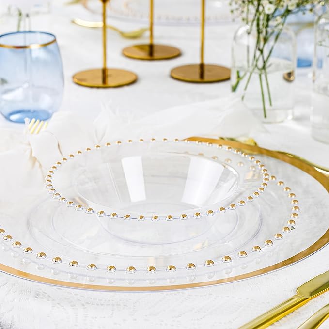 PLASTICPRO 128 Piece Combo Plastic Dinner Plates Disposable Plastic Fancy Heavy Duty Party Dishes 7 inch and 10 inch, Clear and Gold Beaded