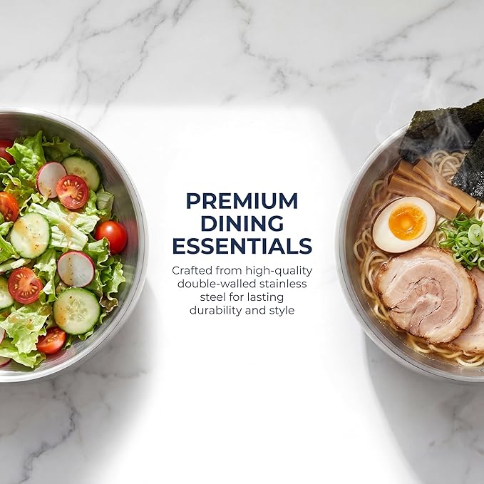 7.4" Stainless Steel Serving Bowls - 34oz Large Pasta, Ramen, Vegetable Salad, Kitchen Soup, Mixing Bowls for Cooking Baking - Silver, Dishwasher Safe