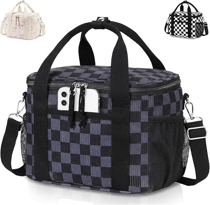 LOIDOU Lunch Box for Women Men Insulated Corduroy Lunch Bag Cooler Leakproof Reusable Adult Lunchbox Adjustable Strap lunch tote for Work Office Picnic, Gray-Black Grid