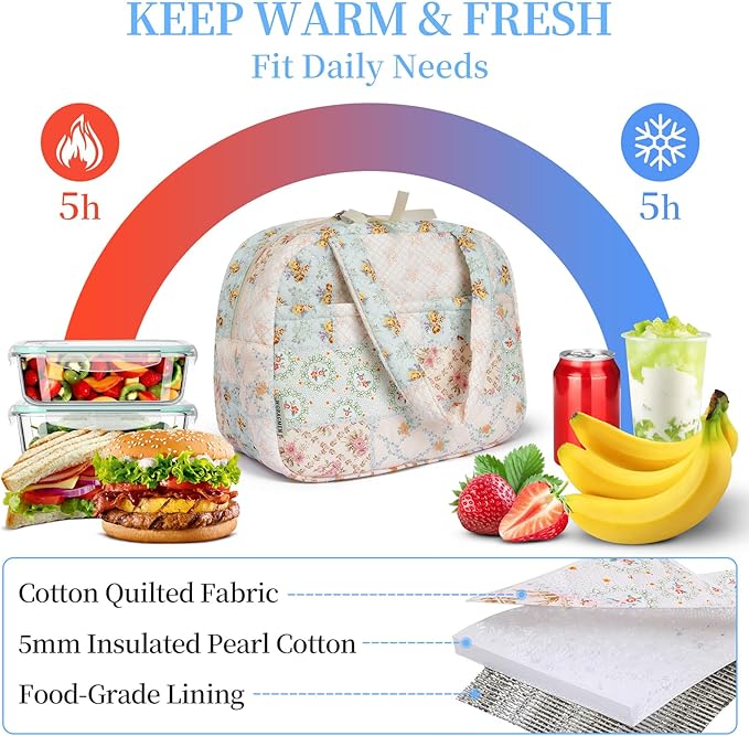 Quilted Lunch Box for Women,Coquette Aesthetic Lunch Box for Teen Girls,Cute Floral Lunch Bags for Work, School,Office,Picnic,Travel (coloful floral)