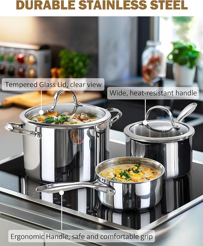 Cooks Standard Stainless Steel Saucepan with Lid, Multi-Ply Clad Sauce Pot 3-Quart, Silver