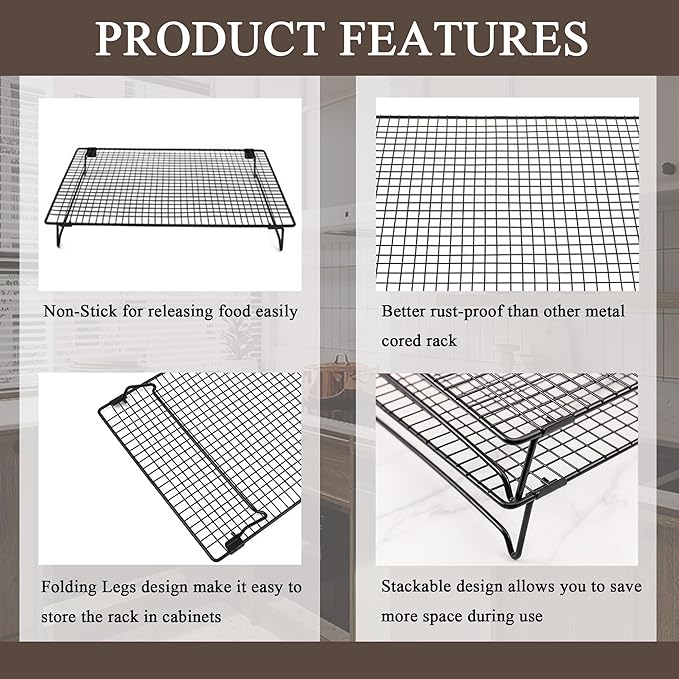 Set of 2 Cooling Racks with Folding Legs，for Cooking, Roasting, Drying, Rust-Resistant Non-Stick Cooling Grilling for Baking，17 x 11.2 inches，Black(2)