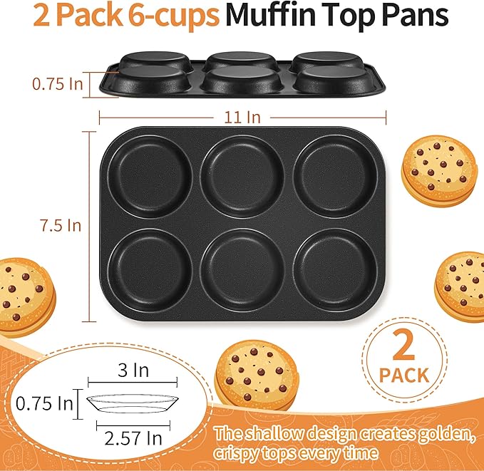 P&P CHEF Muffin Top Pan Set of 1, Stainless Steel 6-Cavity Shallow Cupcake Pans, Standard Bakeware for Eggs, Whoopie Pies, Cornbread, Cookies, Yorkshire Pudding, Easy Clean & Oven Safe, Black
