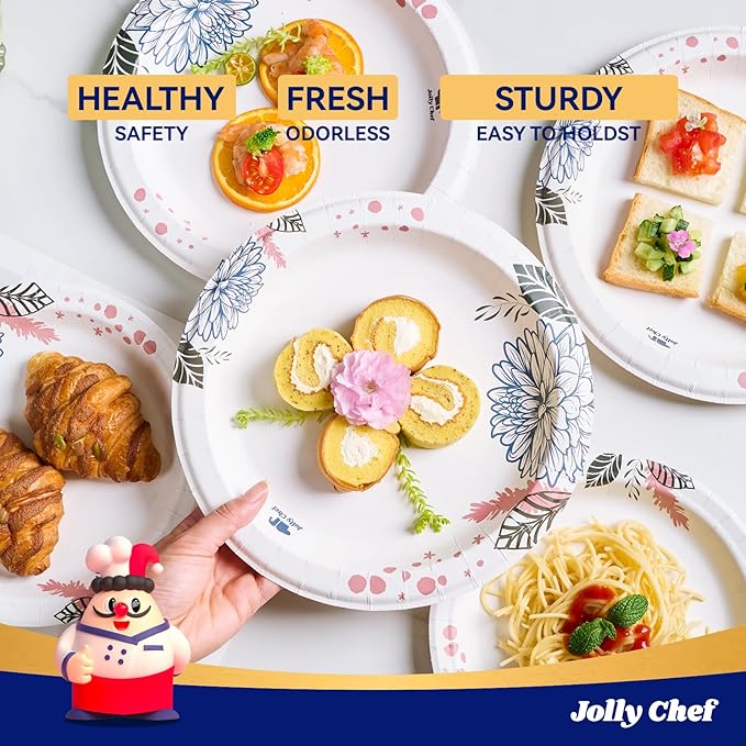JOLLY CHEF 𝟭𝟰𝟬 𝗖𝗼𝘂𝗻𝘁 𝗣𝗮𝗽𝗲𝗿 𝗣𝗹𝗮𝘁𝗲𝘀 𝟭𝟬 𝗶𝗻𝗰𝗵 Soak Proof, Cut Proof, Heavy Duty Flower Printed Disposable Paper Plates for Everyday Use