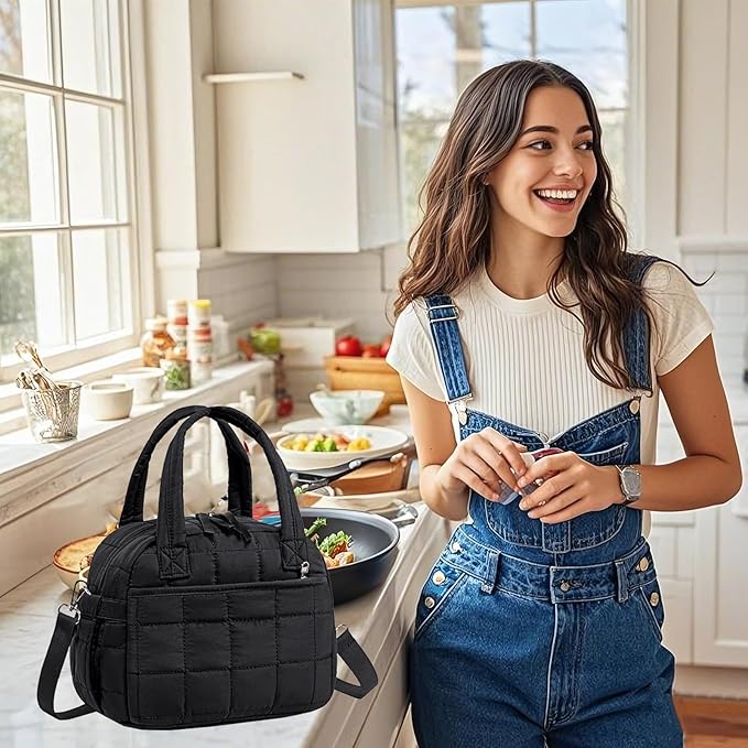 LEDAOU Lunch Box for Women Lunch bag Quilted Puffer Lunch Box with Adjustable Strap Insulated Reusable Lunch Tote for Work School Picnic Travel