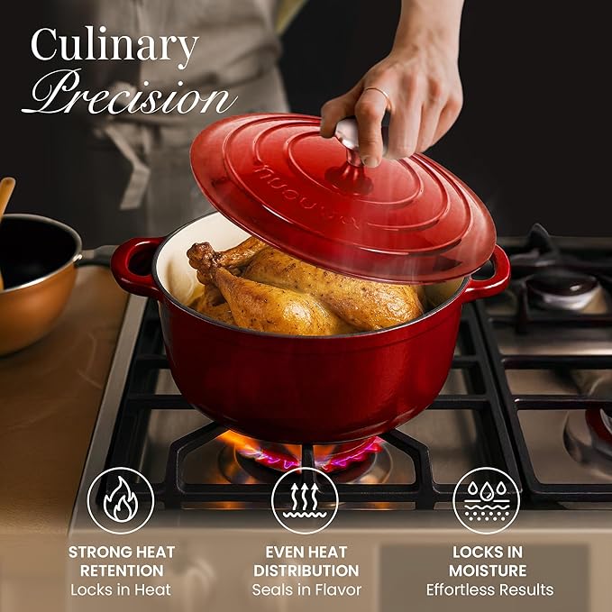 Cast Iron Dutch Oven with Lid – Non-Stick Ovenproof Enamelled Casserole Pot – Sturdy Dutch Oven Cookware – Red, 3.1-Quart, 22cm – by Nuovva