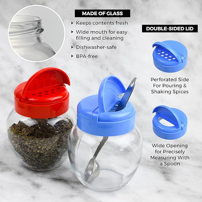 Tibello Glass Spice Jars, 7oz Spice Bottles With Dual Lid Sifter Shaker And Spoon Opening - Pack of 2