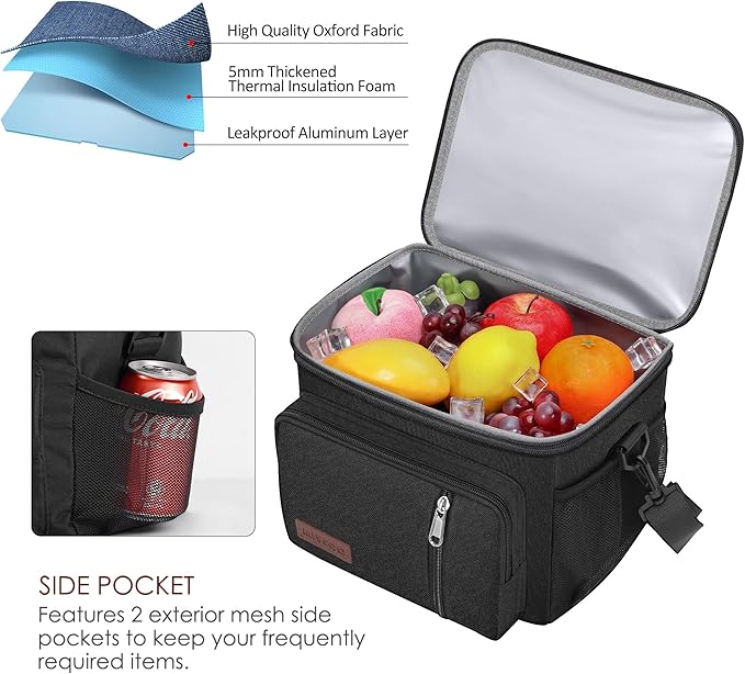 MIYCOO Lunch Box Lunch Bag for Men Women - Insulated LunchBox Leakproof Cooler Tote, Reusable Soft Bag with Shoulder Strap for Work, Picnic, Beach & Travel, 12-Can (9L) -Black