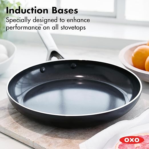 OXO 12" Nonstick Frying Pan Skillet, Ceramic PFAS-Free Nontoxic Pan, Induction Suitable, Dishwasher Safe, Oven Safe to 600°F, Kitchen Cooking Pot, Stainless Handle, Egg Pan, Black