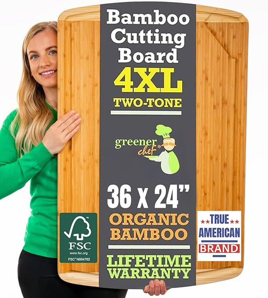GREENER CHEF 36 x 24 Inch Extra Large Bamboo Cutting Board with Lifetime Replacements – 4XL Butcher Block, Oversized Carving & Charcuterie Board, Stovetop Cover for Kitchen Counter Space