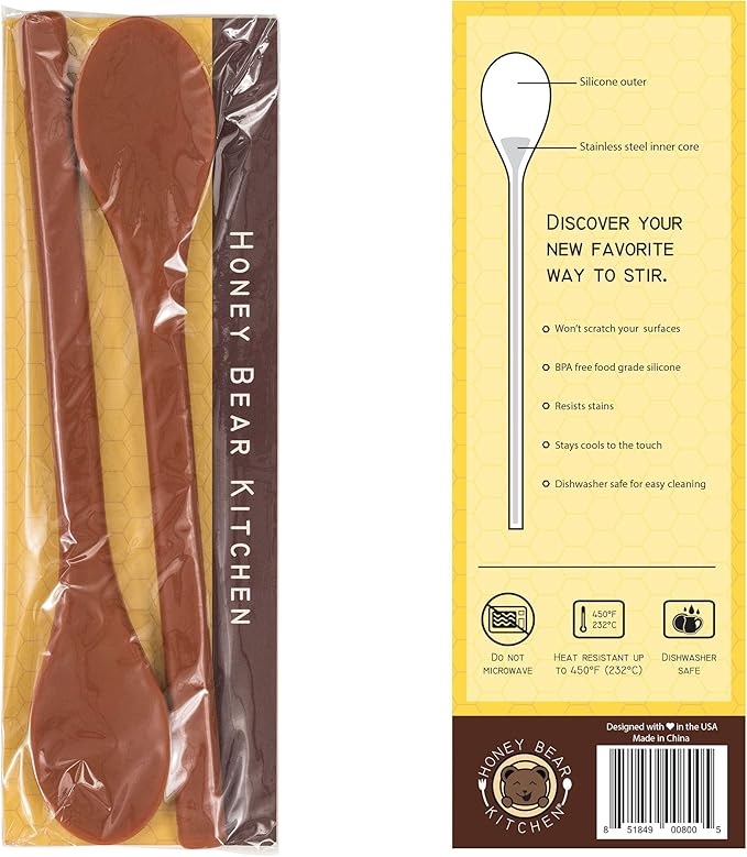 Honey Bear Kitchen Silicone Stirring Spoon (Set of 2, Honey Bear Brown) for Coffee & Tea