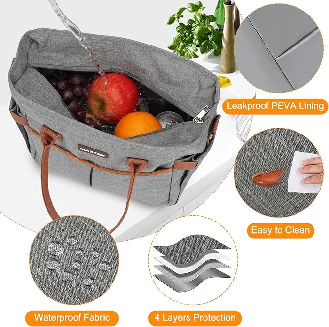MAXTOP Lunch Bag Women for Work Insulated Thermal Lunch Box with Wide-Open Pocket Reusable Leakproof Cooler Bags with Removable Shoulder Strap for Teacher Nurse Office Picnic Travel Grey