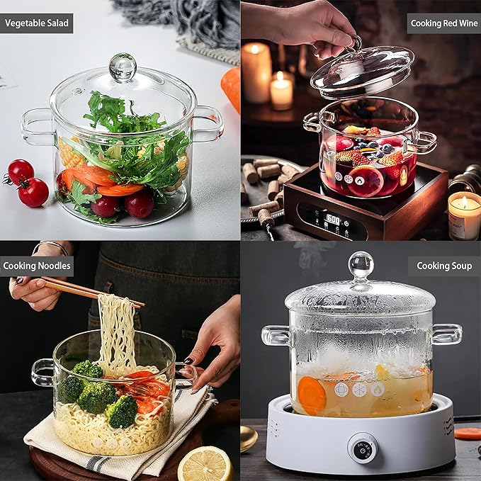 Clear Glass Pot, 1.9L, Cooking Pot with Lid and Handle, Clear Saucepan, Resistant Borosilicate Pot, Glass Saucepan for Cooking On Stove - Ideal for 1-2 People (64oz)