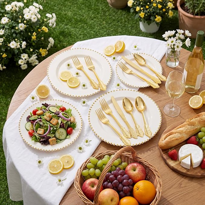 Supernal 360pcs Gold Plastic Silverware,Disposable Silvereware Heavy Duty, Gold Plastic Cutlery, 120 Plastic Forks and Spoons,Knives Perfect for Birthday, Wedding Halloween Thanksgiving Chirstmas