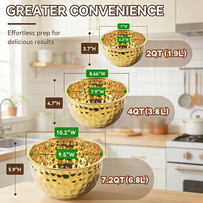 Gold Mixing Bowls Hammered Mixing Bowl Set, Stainless Steel Golden Finish Decorative Serving Bowls for Kitchen, 3 Piece Salad Bowl for Prepping Cooking Baking Serving Gold Serving Bowls for Home Decor
