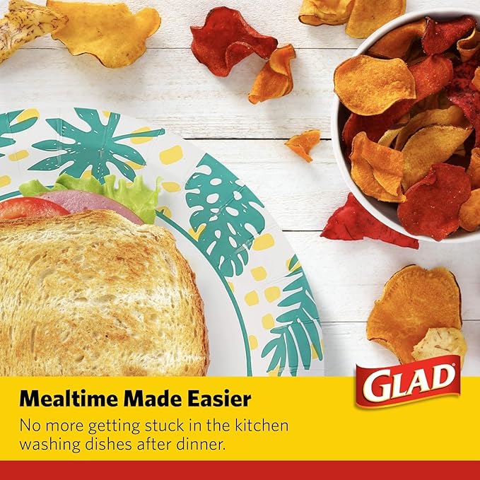 Glad Round Decorative Disposable Paper Plates, Palm Leaves Pattern, Soak Proof, Cut Resistant, Microwave Safe Dinner Plates for Everyday Meals, Parties, and Picnics, 10 Inch, 50 Count - 2 Pack