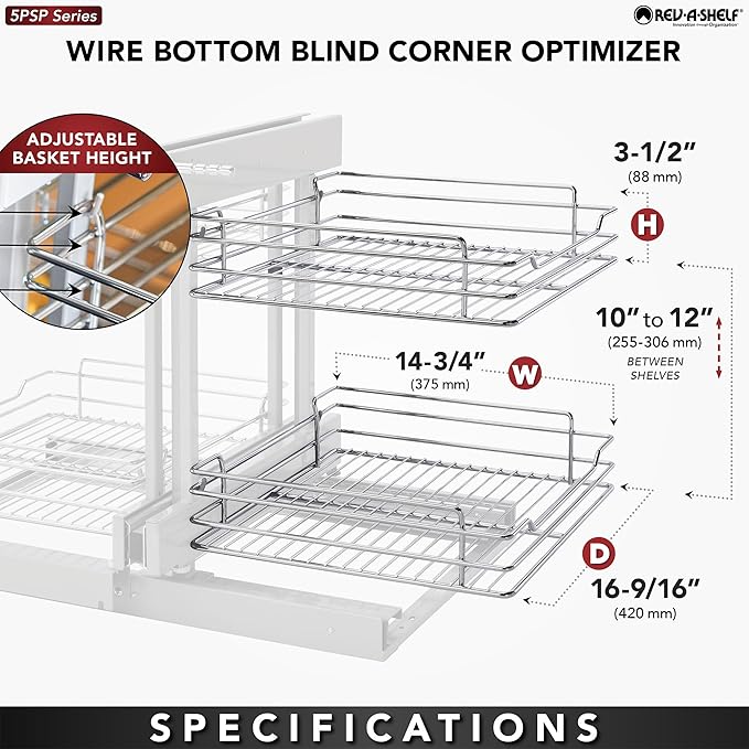 Rev-A-Shelf Chrome Two-Tier Wire Bottom Optimizer for 18" Blind Corner Cabinet Openings, Storage Organizer with 4 Shelves, 5PSP-18-CR