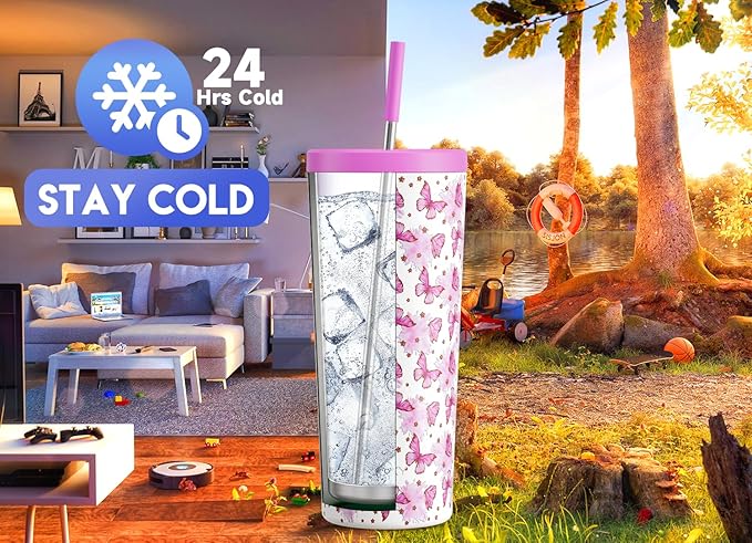 Meoky 24 oz Insulated Tumbler with Lid and Straw, Stainless Steel Vacuum Insulated Tumbler, Keeps Cold for 24 Hours, 100% Leak Proof, Fits in Car Cup Holder (Dreamy)