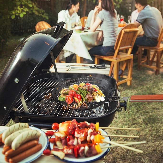 Grilling Skillet with Foldable Handle, 12" Grill Pan for Outdoor Grill, Non-Stick Grill Basket for Pizza BBQ Fry Vegetables Seafood Chapati