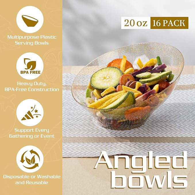 Liacere 16 Pack Gold Plastic Serving Bowls - 20 OZ Angled Party Table Salad and Fruit Bowls Disposable for Chip & Candy, Ideal for Wedding＆ New Year