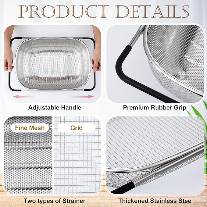 Tioncy 2 Pcs Large Over The Sink Colander, 6 Quart Stainless Steel Colander with Fine Mesh or Grid, Strainer Basket with Expandable Rubber Handles, Strain, Drain, Rinse Vegetable Fruit for Kitchen