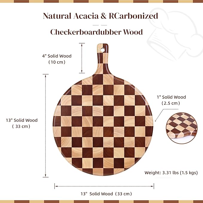 Checkered Round Cutting Board with Handle for Kitchen Decor, 17"L x 13"W x 1" Thick – Wooden Chopping, Cheese & Charcuterie Board in Acacia Wood, Decorative Serving Platter for Meat, Bread & Pizza