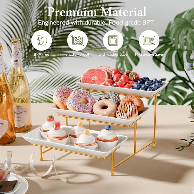3 Tier Plastic Serving Tray for Party, 11.5" x 5.6" Platters for Serving Food, Microwave-Safe, White Reusable Trays with Black Metal Display Stand for Cupcakes, Dessert, Fruit, Cookie, Gold