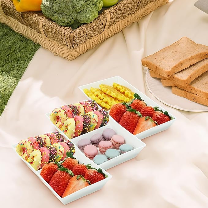 Divided Serving Tray Platter, 4 Pack 10" x 5" Fruit Veggie Food Tray for Party, Plastic Serving Trays for Appetizer, Snack, Dessert, Cookie, Brunch Decorations Platters, White Trays BPA-Free