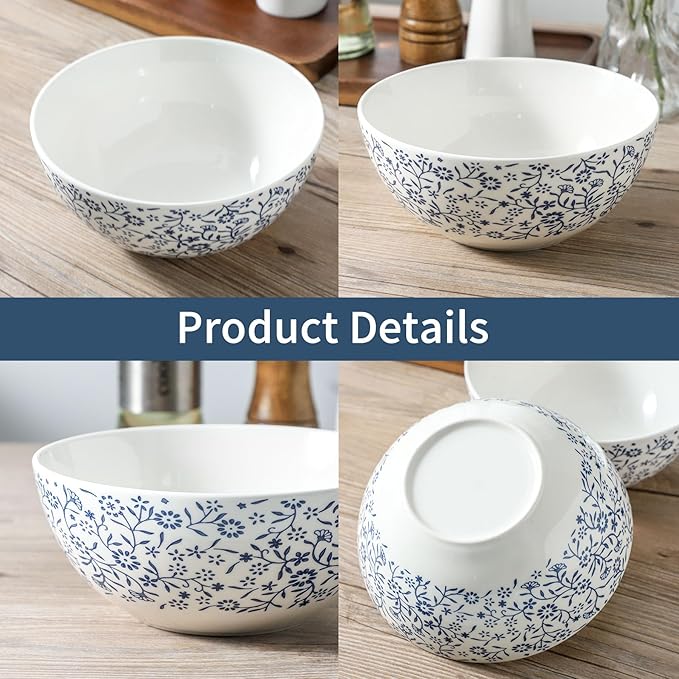Ceramic Soup Bowls Set of 2, Large Pho Bowls 42oz, Blue Serving Bowls for Breakfast, Japanese White and Blue Bowls for Cereal Salad, Rice, Snack, Raman, Pasta, Fruit, Microwave Dishwasher Safe, 7 inch