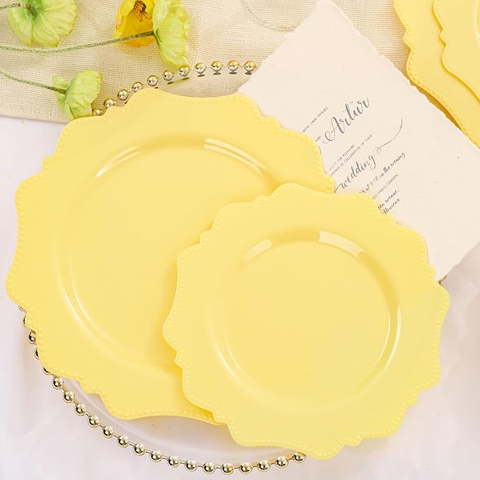 COLOSUS Disposable Lemon Yellow Plastic Plates 60Pcs, Thanksgiving Plastic Plates.,Light Baby Yellow Party Plates, Heavy Duty 30 Dinner plate 10.5" and 30 Salad/Dessert Plate 8.25" for Wedding,Party