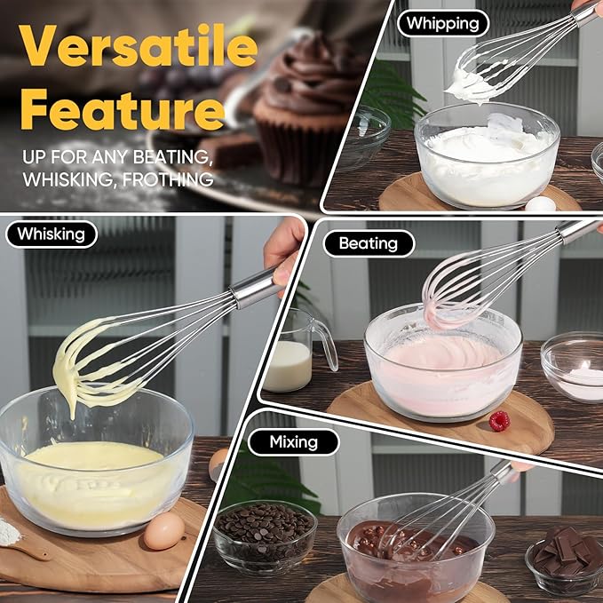 OOKUU Stainless Steel Wire Whisk Set - 3 Packs Balloon Whisk, Thick Wire Wisk ＆ Strong Handles, Egg Frother for Cooking, Blending, Whisking, Beating and Stirring (8"+10"+12")
