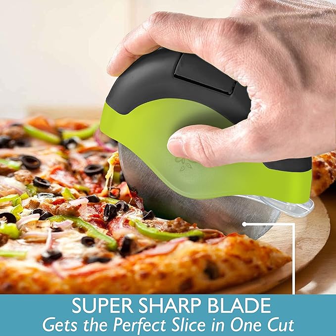 Green Pizza Cutter Wheel with Protective Blade Cover, improved, Super Sharp, Easy To Use and Clean, Slicer, Ergonomic Rubberized Grip, heavy dutty, Stainless Steel, Dishwater Safe
