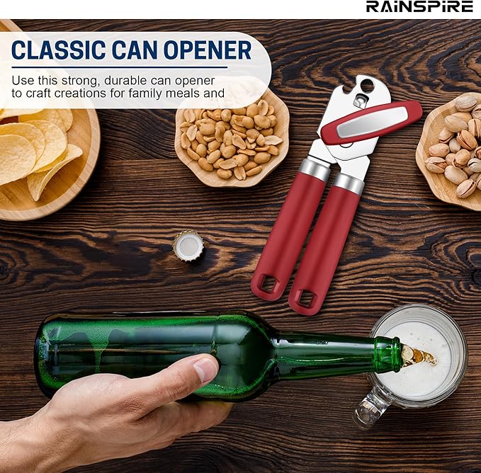 Rainspire Can Opener Manual Handheld Strong Manual Can Opener Smooth Edge Cut, Can Opener Heavy Duty, Comfortable Soft Handle, Built-in Bottle Opener, Red