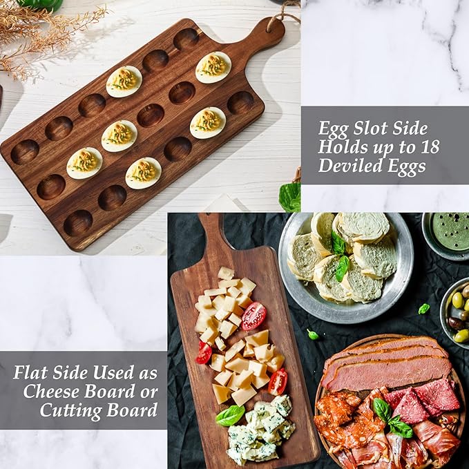 Gerrii Reversible Wooden Deviled Egg Platter Deviled Egg Tray Charcuterie Board Cutting Board Cheese Serving Tray for Home Kitchen(17 x 7 Inch, 18 Holes)
