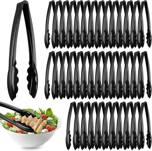 Tessco for you 50 Pcs Plastic Tongs for Serving Bulk, 9 Inch Plastic Disposable Serving Tongs, Heavy Duty Salad Tong for Kitchen, Buffet, BBQ, Events & Catering (Black)