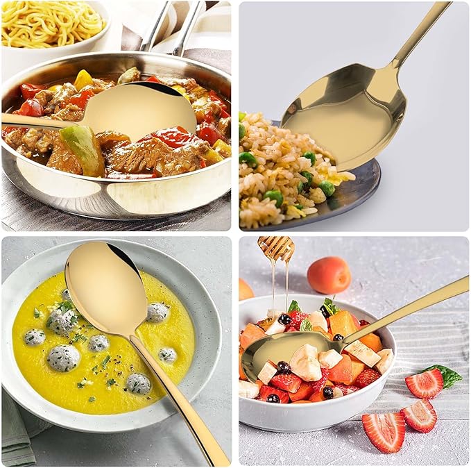 Large Serving Spoons Set Stainless Steel 12 Inch Slotted Spoon and Serving Spoon Serving Utensils for Buffet Catering Dishwasher Safe(1 Spoons, 1 Slotted,Gold)
