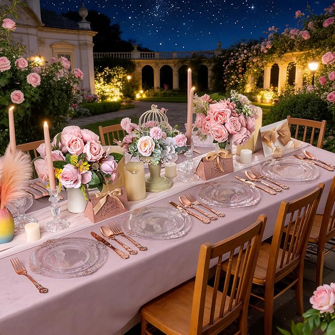 102PCS Rose Gold Plastic Plates - Clear Rose Gold Plate - Heavy Duty Disposable Plates - Fancy Disposable Dinner & Dessert Plate for 51 Guests for Party & Wedding