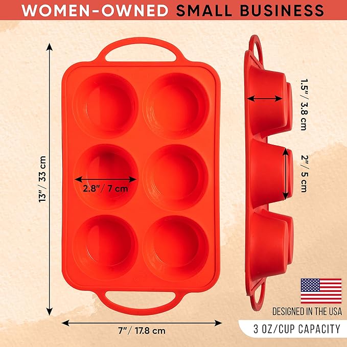 Regular Size 6 Cup Muffin Pan – Silicone Muffin Pans for Baking with Metal Handles – Nonstick Silicone Cupcake Pan, Easy-Release, BPA-Free Muffin Tray, Oven & Dishwasher Safe – Red