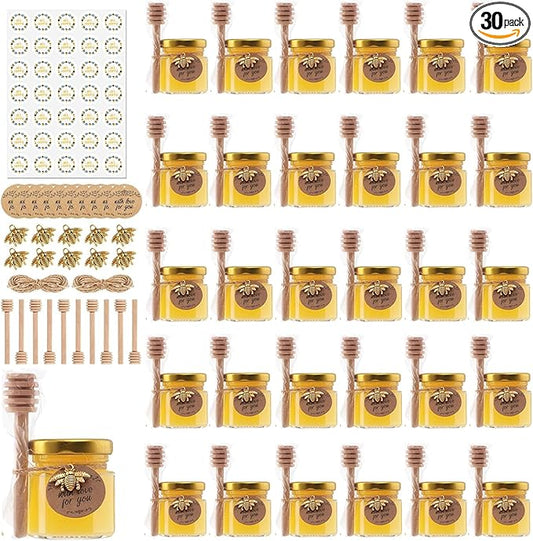 30 Pack 1.5 oz Mini Honey Jars with Dipper, Honey Jar Party Favors, Glass Hexagon Honey Jar for Wedding Favors
