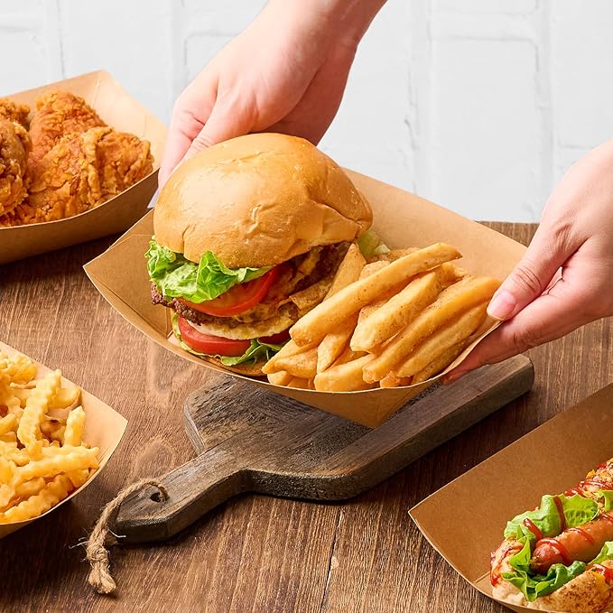 4 LB Large Paper Food Trays, 100 Pack Disposable Nacho Trays Kraft Paper Food Boats Party Serving Baskets for Nachos Sandwiches Burgers Popcorns Salads Snacks